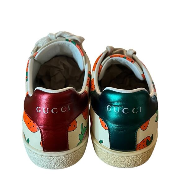 Gucci Ace Strawberry Print Leather Sneakers Low Top Web Stripe EU 37 US 7 - Picture 6 of 14